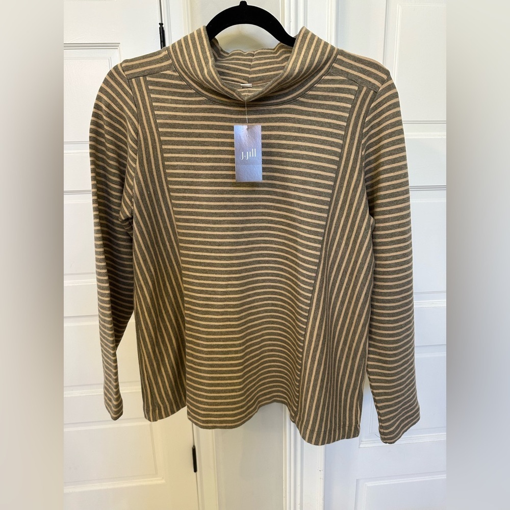 J Jill Seamed Mock Neck 100% Cotton Top Tan Gray Stripe Medium Petite Casual NEW